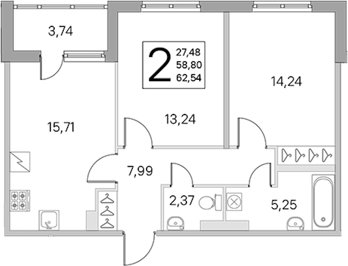 2-комнатная квартира 58.8 м², 1/5 эт., ЖК «ЮгТаун. Олимпийские кварталы»
